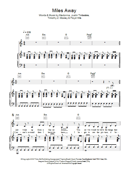 Madonna Miles Away Sheet Music Notes & Chords for Piano, Vocal & Guitar - Download or Print PDF