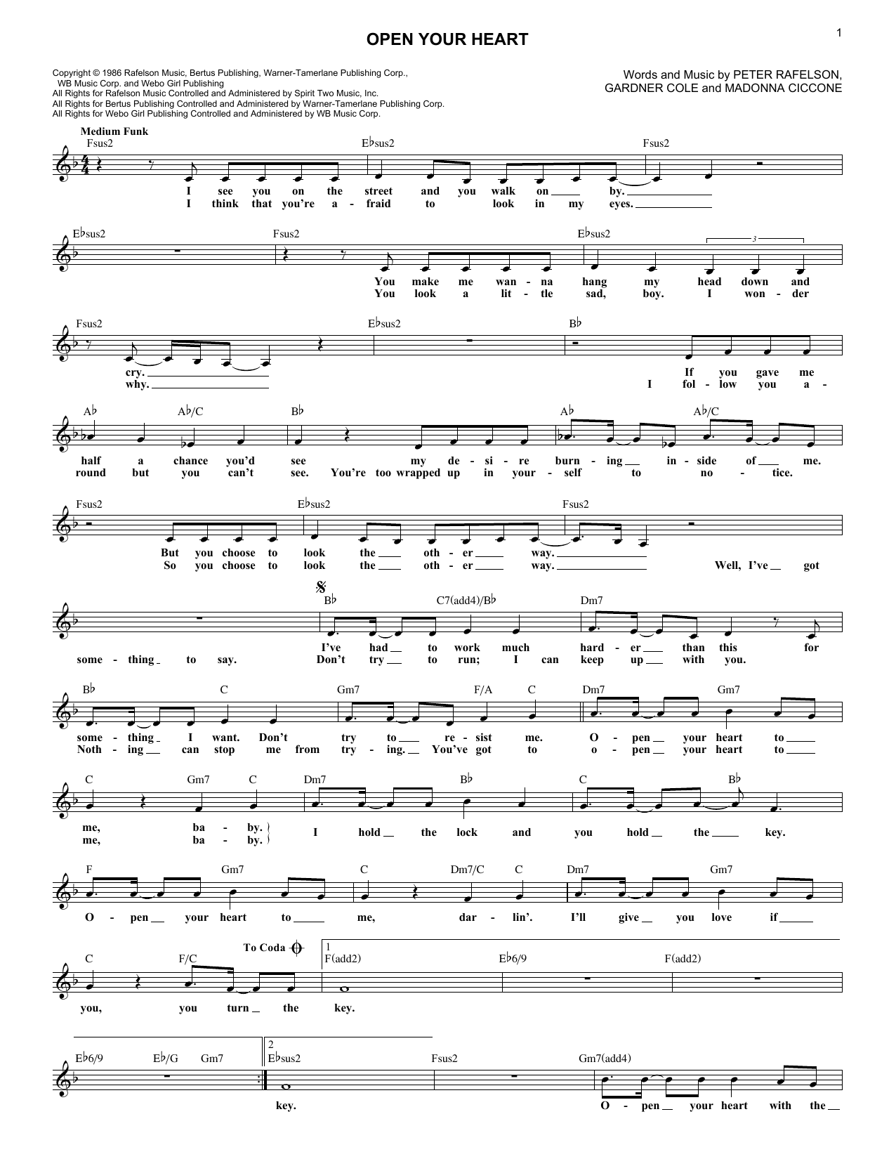Madonna Open Your Heart Sheet Music Notes & Chords for Melody Line, Lyrics & Chords - Download or Print PDF