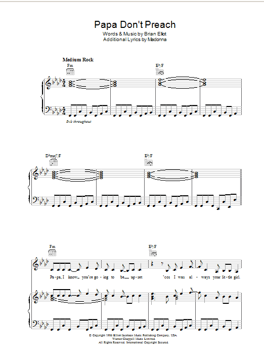 Madonna Papa Don't Preach Sheet Music Notes & Chords for Piano, Vocal & Guitar (Right-Hand Melody) - Download or Print PDF
