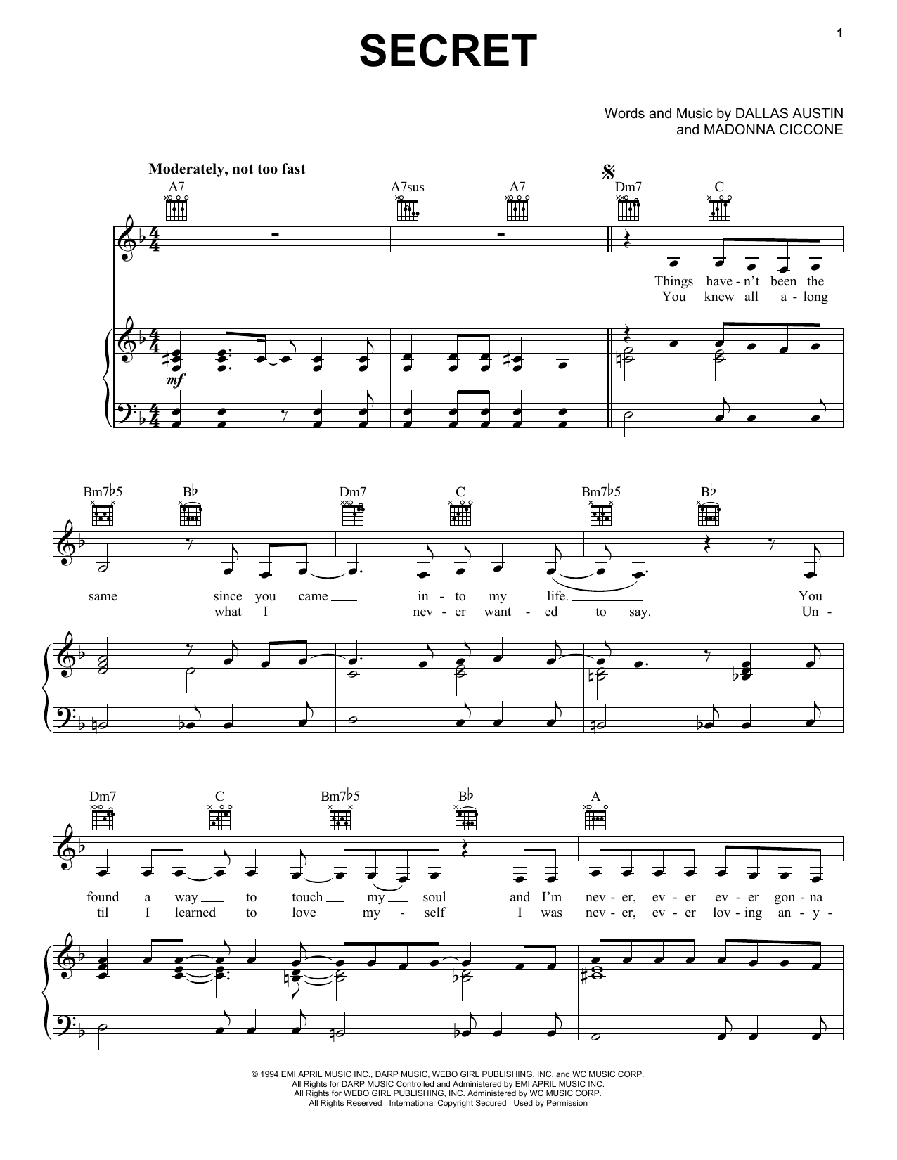 Madonna Secret Sheet Music Notes & Chords for Piano, Vocal & Guitar Chords (Right-Hand Melody) - Download or Print PDF
