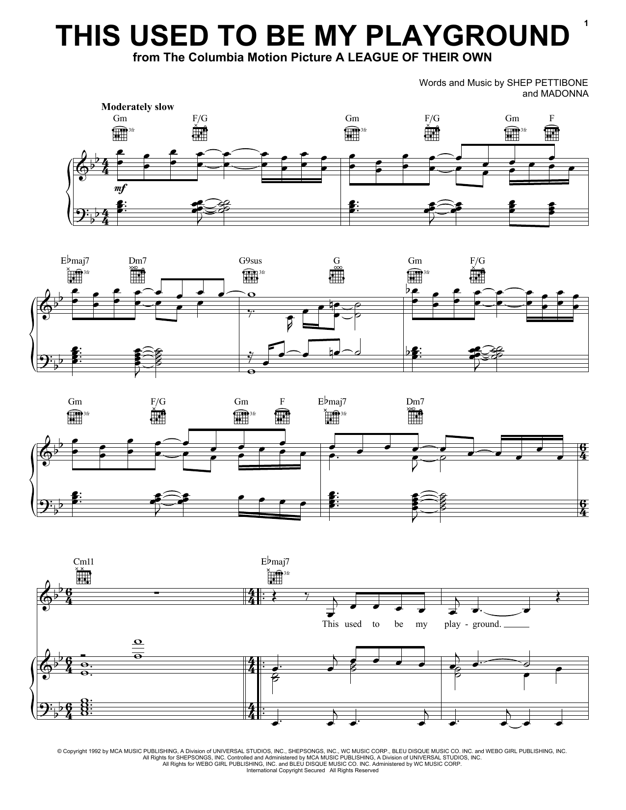 Madonna This Used To Be My Playground Sheet Music Notes & Chords for Piano, Vocal & Guitar Chords (Right-Hand Melody) - Download or Print PDF