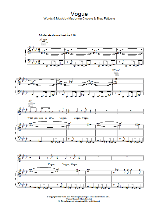 Madonna Vogue Sheet Music Notes & Chords for Piano, Vocal & Guitar - Download or Print PDF