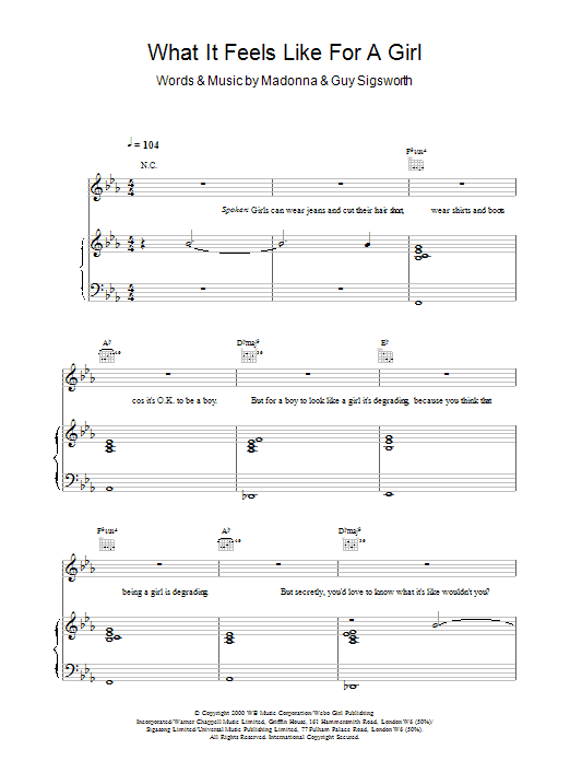 Madonna What It Feels Like For A Girl Sheet Music Notes & Chords for Piano, Vocal & Guitar - Download or Print PDF