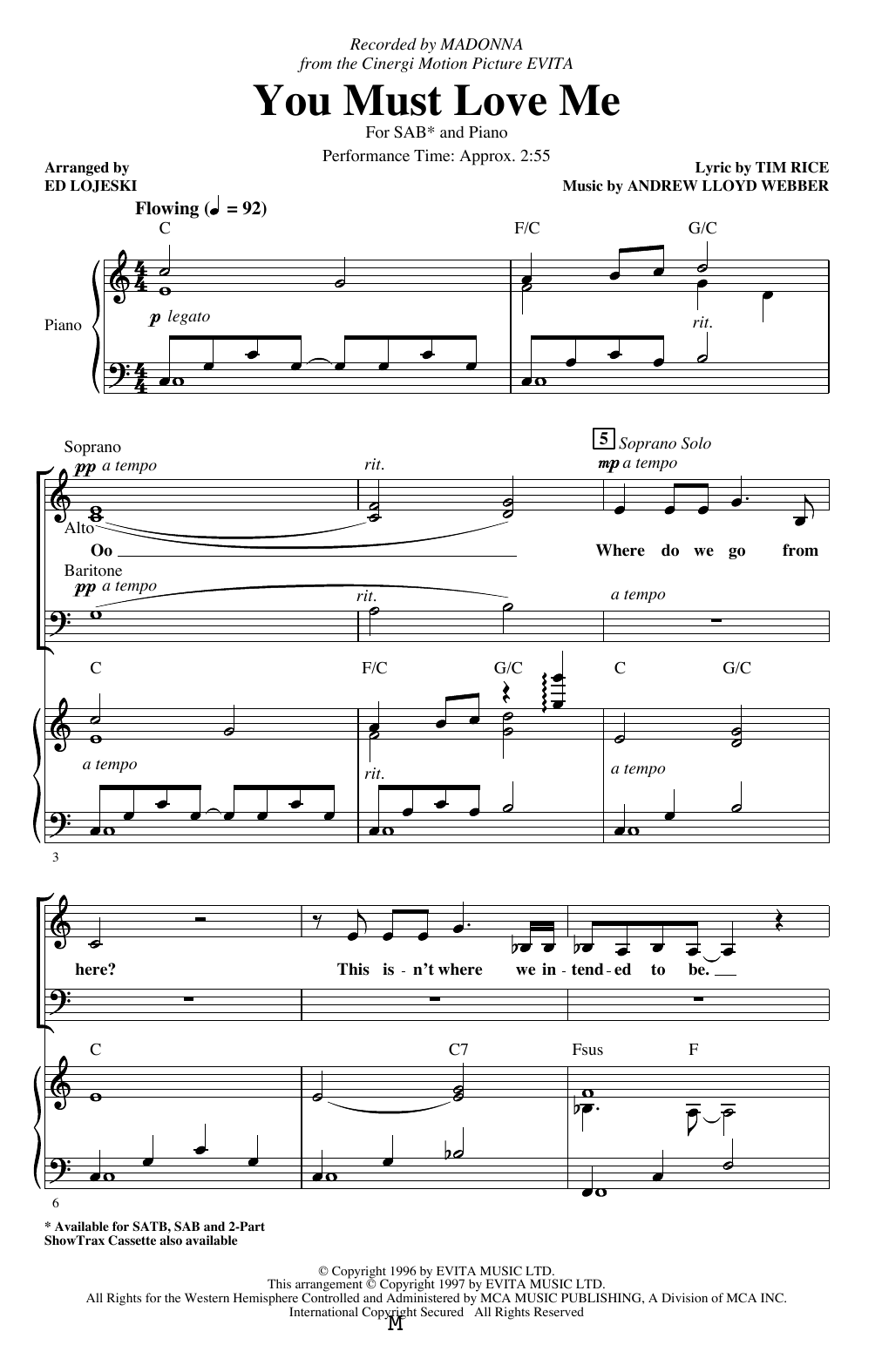 Madonna You Must Love Me (from Evita) (arr. Ed Lojeski) Sheet Music Notes & Chords for SAB Choir - Download or Print PDF