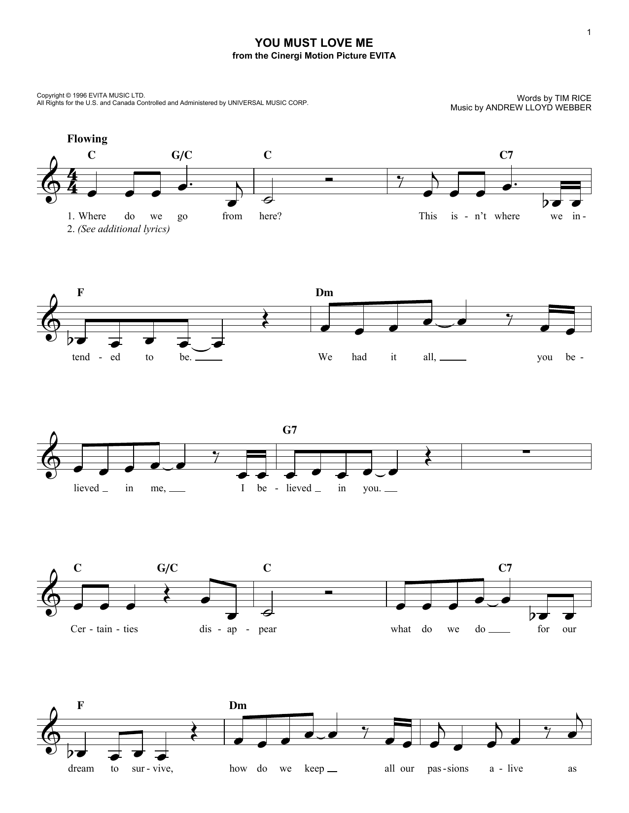 Madonna You Must Love Me Sheet Music Notes & Chords for Melody Line, Lyrics & Chords - Download or Print PDF