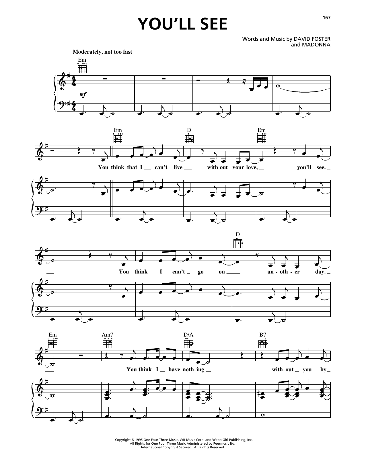 Madonna You'll See Sheet Music Notes & Chords for Piano, Vocal & Guitar Chords (Right-Hand Melody) - Download or Print PDF