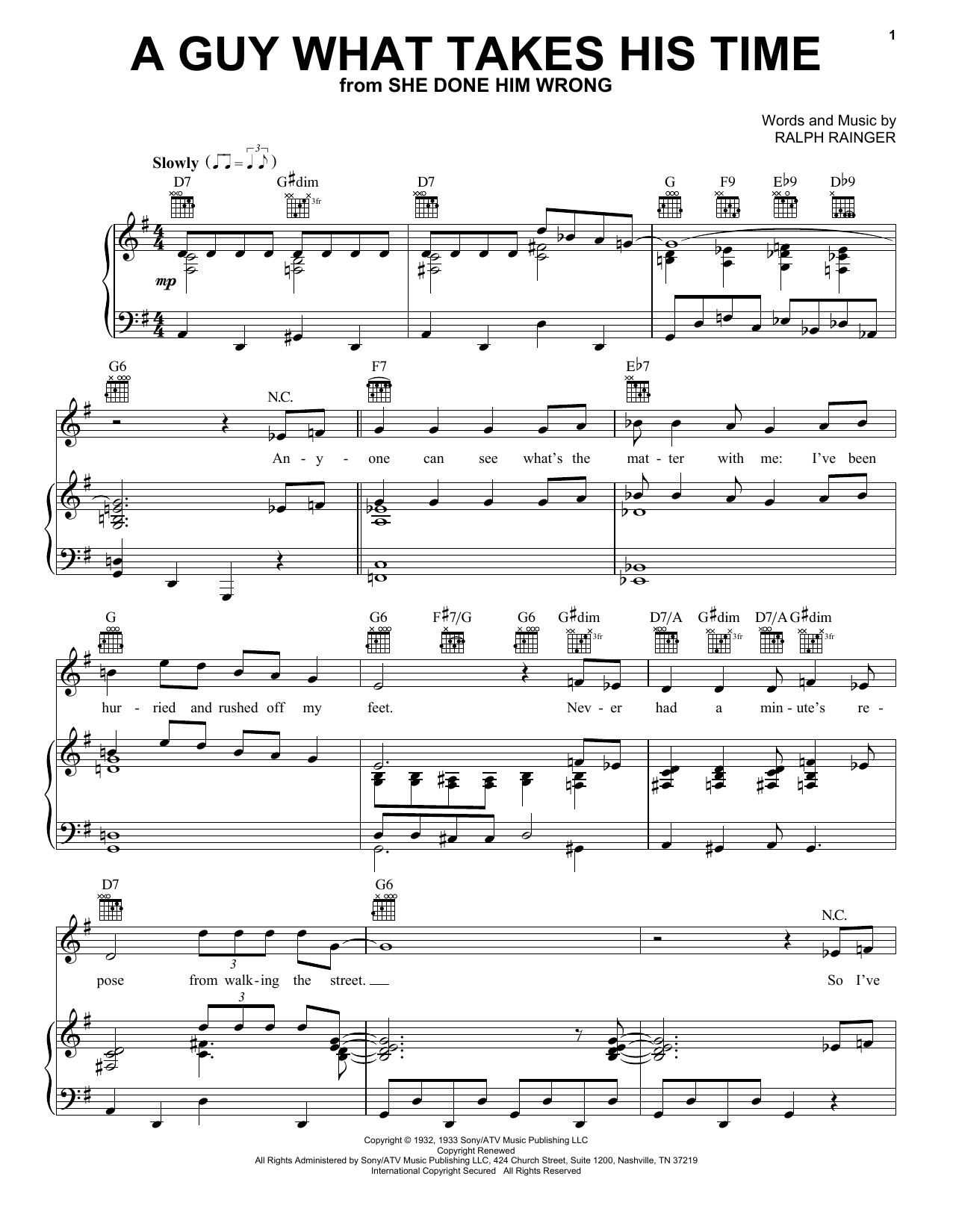 Mae West A Guy What Takes His Time (from She Done Him Wrong) Sheet Music Notes & Chords for Piano, Vocal & Guitar (Right-Hand Melody) - Download or Print PDF