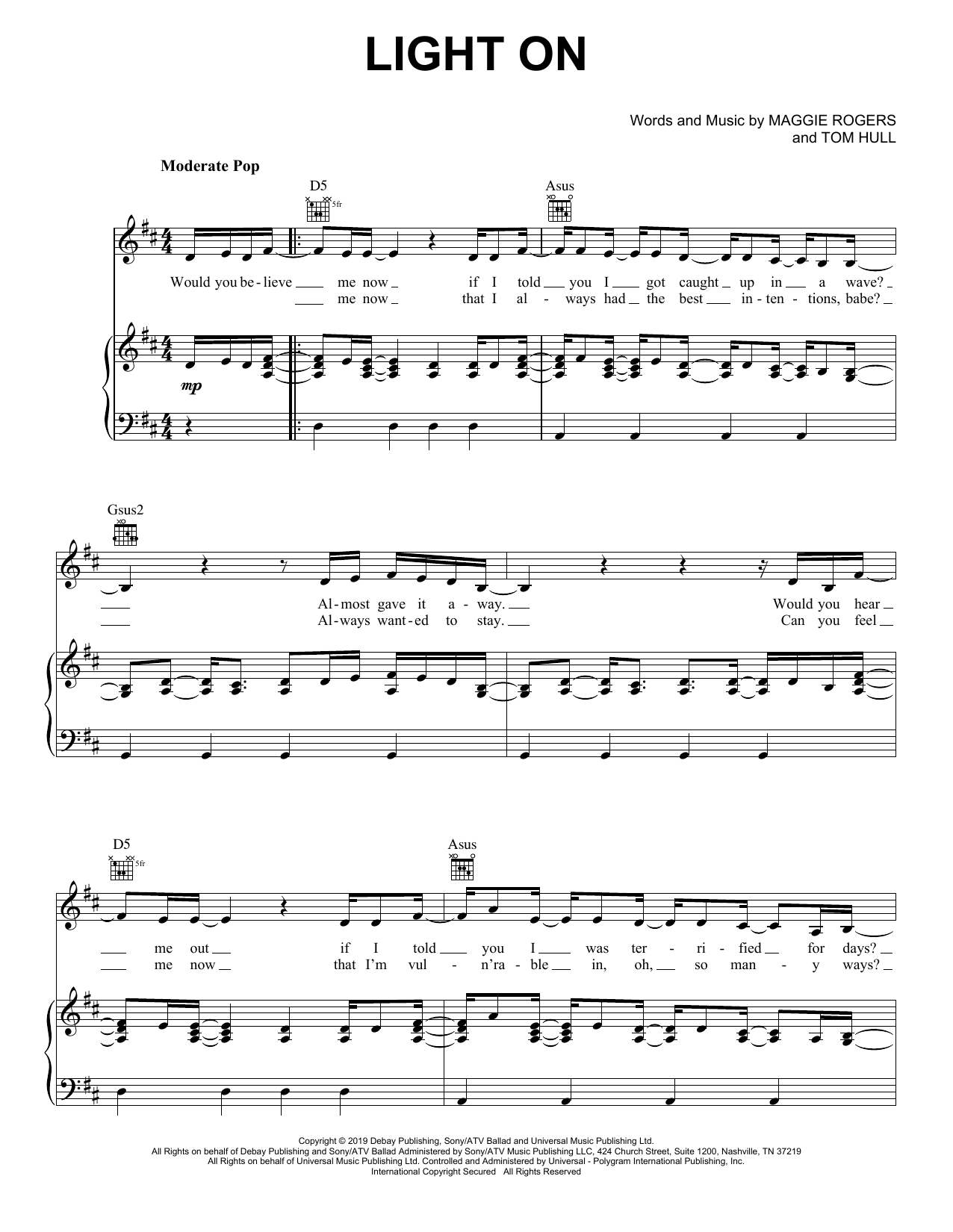 Maggie Rogers Light On Sheet Music Notes & Chords for Piano, Vocal & Guitar (Right-Hand Melody) - Download or Print PDF
