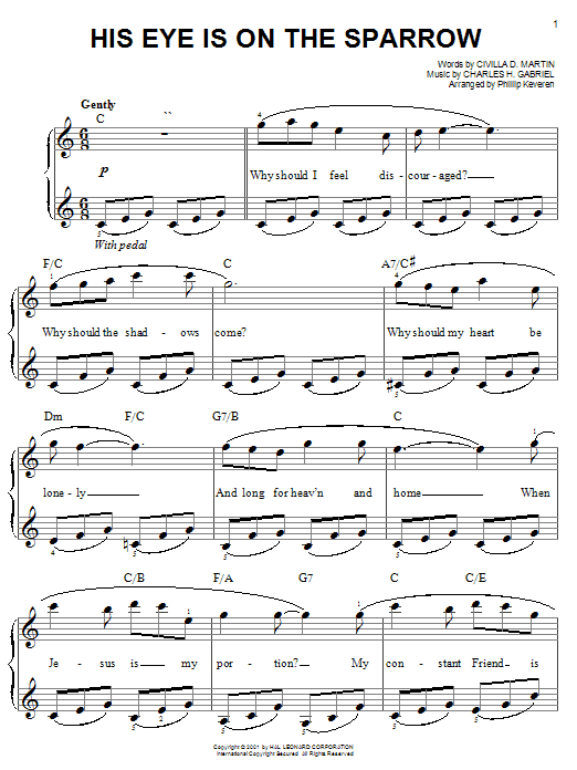 Mahalia Jackson His Eye Is On The Sparrow Sheet Music Notes & Chords for Easy Piano - Download or Print PDF