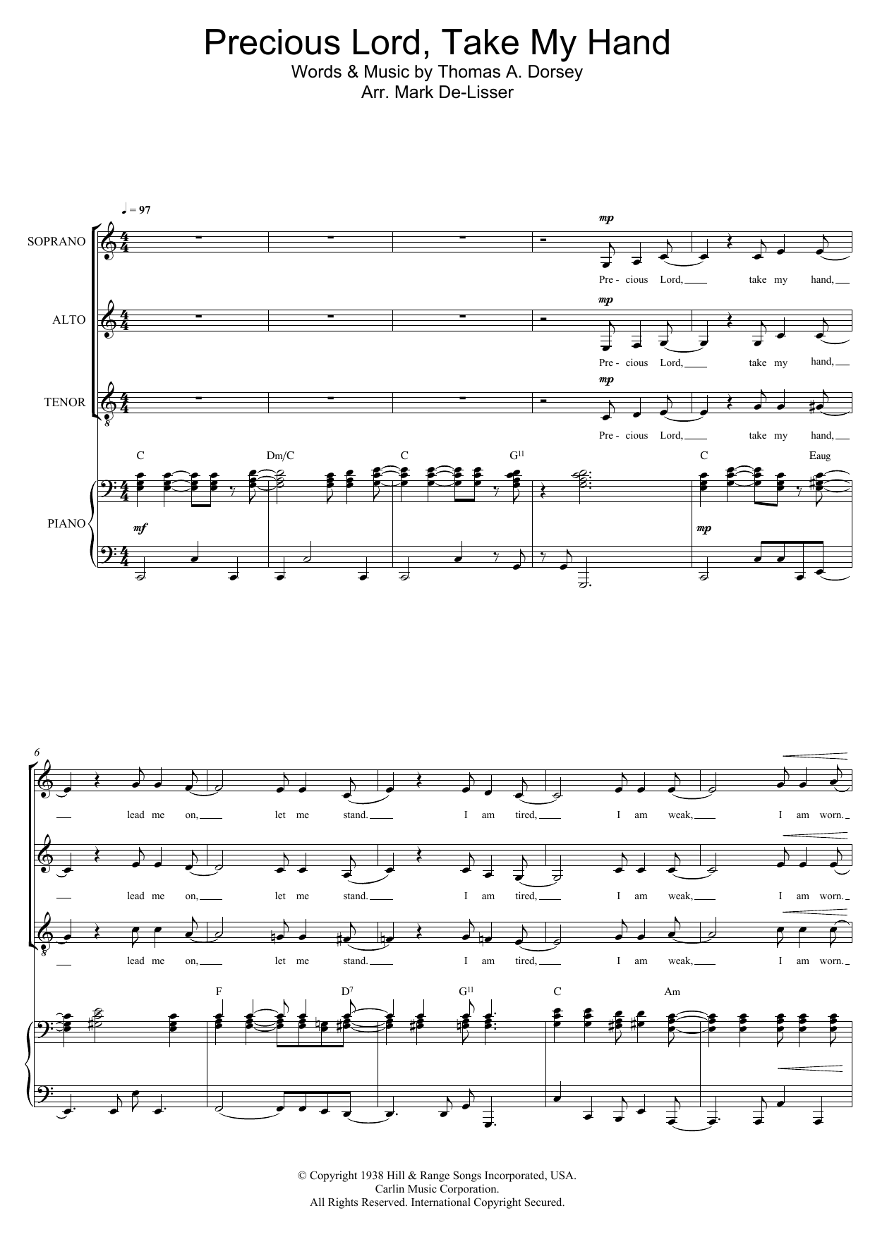 Mahalia Jackson Precious Lord, Take My Hand (Take My Hand, Precious Lord) (arr. Mark De-Lisser) Sheet Music Notes & Chords for SAT - Download or Print PDF