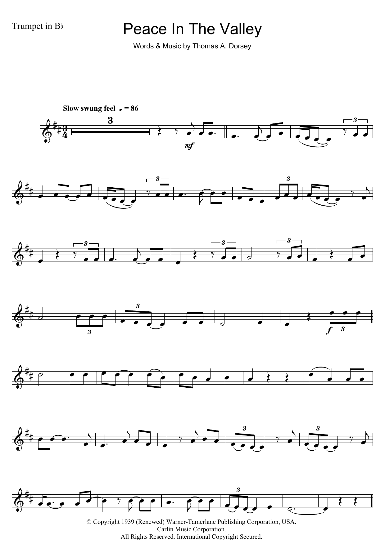 Mahalia Jackson (There'll Be) Peace In The Valley (For Me) Sheet Music Notes & Chords for Tenor Saxophone - Download or Print PDF