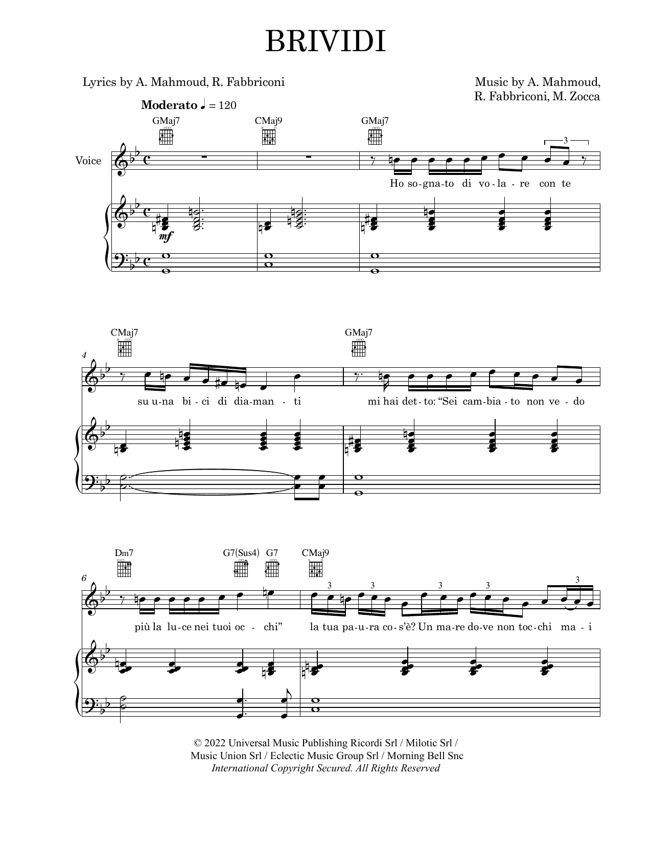 Mahmood & BLANCO Brividi Sheet Music Notes & Chords for Piano, Vocal & Guitar Chords (Right-Hand Melody) - Download or Print PDF Mahmood & BLANCO Brividi Sheet Music Notes & Chords for Piano, Vocal & Guitar Chords (Right-Hand Melody) - Download or Print PDF
