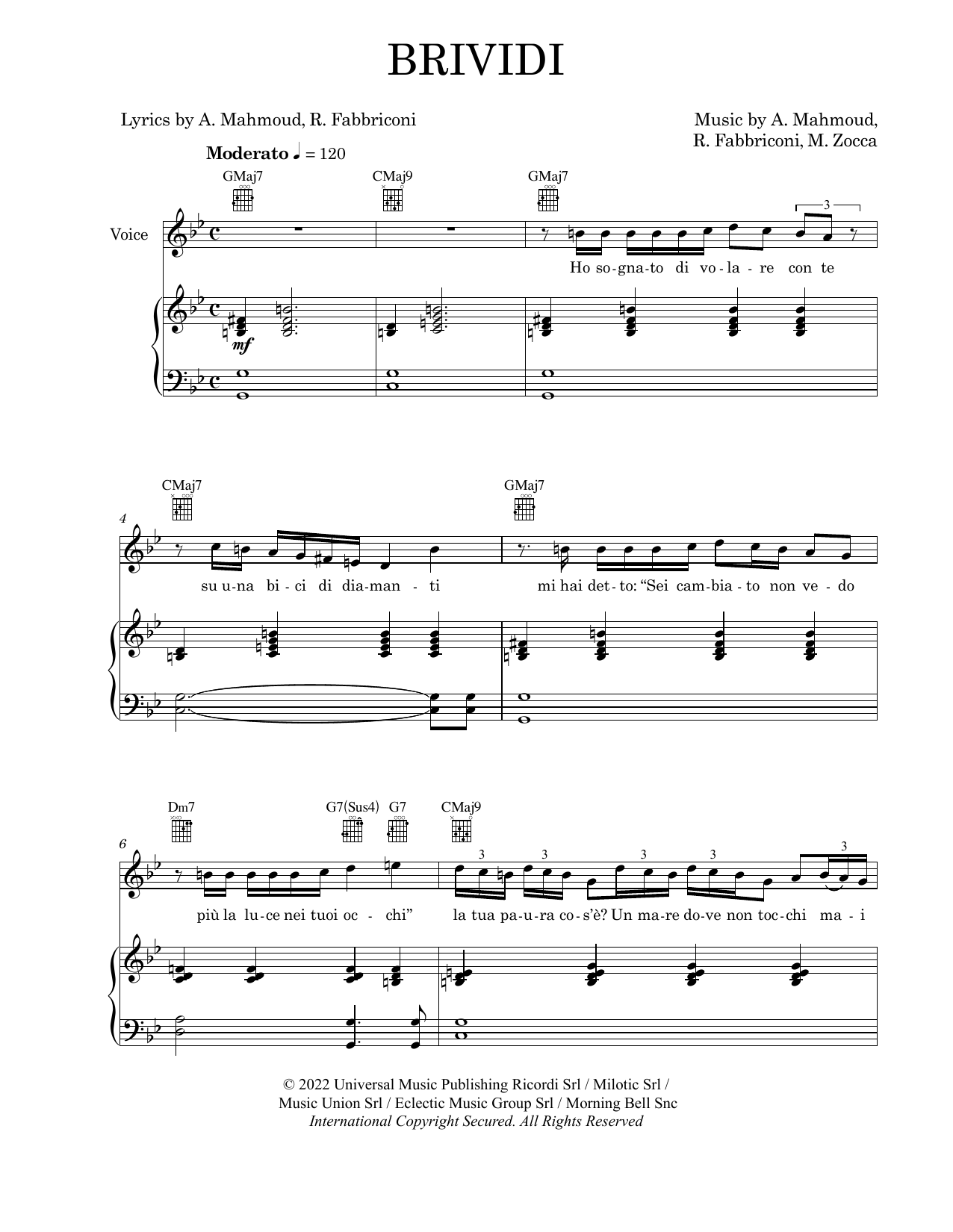 Mahmood & BLANCO Brividi Sheet Music Notes & Chords for Piano, Vocal & Guitar Chords (Right-Hand Melody) - Download or Print PDF