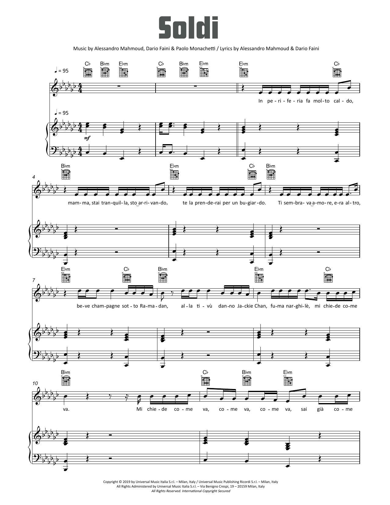 Mahmood Soldi Sheet Music Notes & Chords for Piano & Vocal - Download or Print PDF