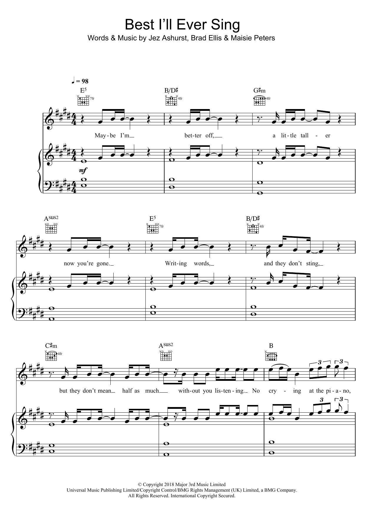 Maisie Peters Best I'll Ever Sing Sheet Music Notes & Chords for Piano, Vocal & Guitar (Right-Hand Melody) - Download or Print PDF