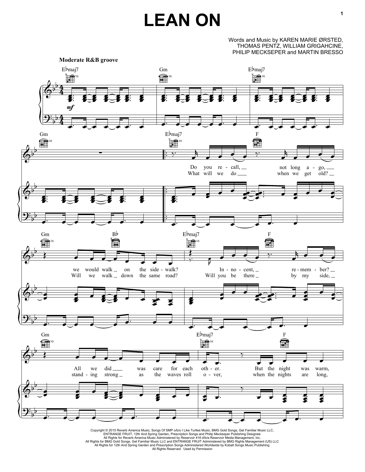 Major Lazer & DJ Snake Feat. M?? Lean On Sheet Music Notes & Chords for Piano, Vocal & Guitar (Right-Hand Melody) - Download or Print PDF