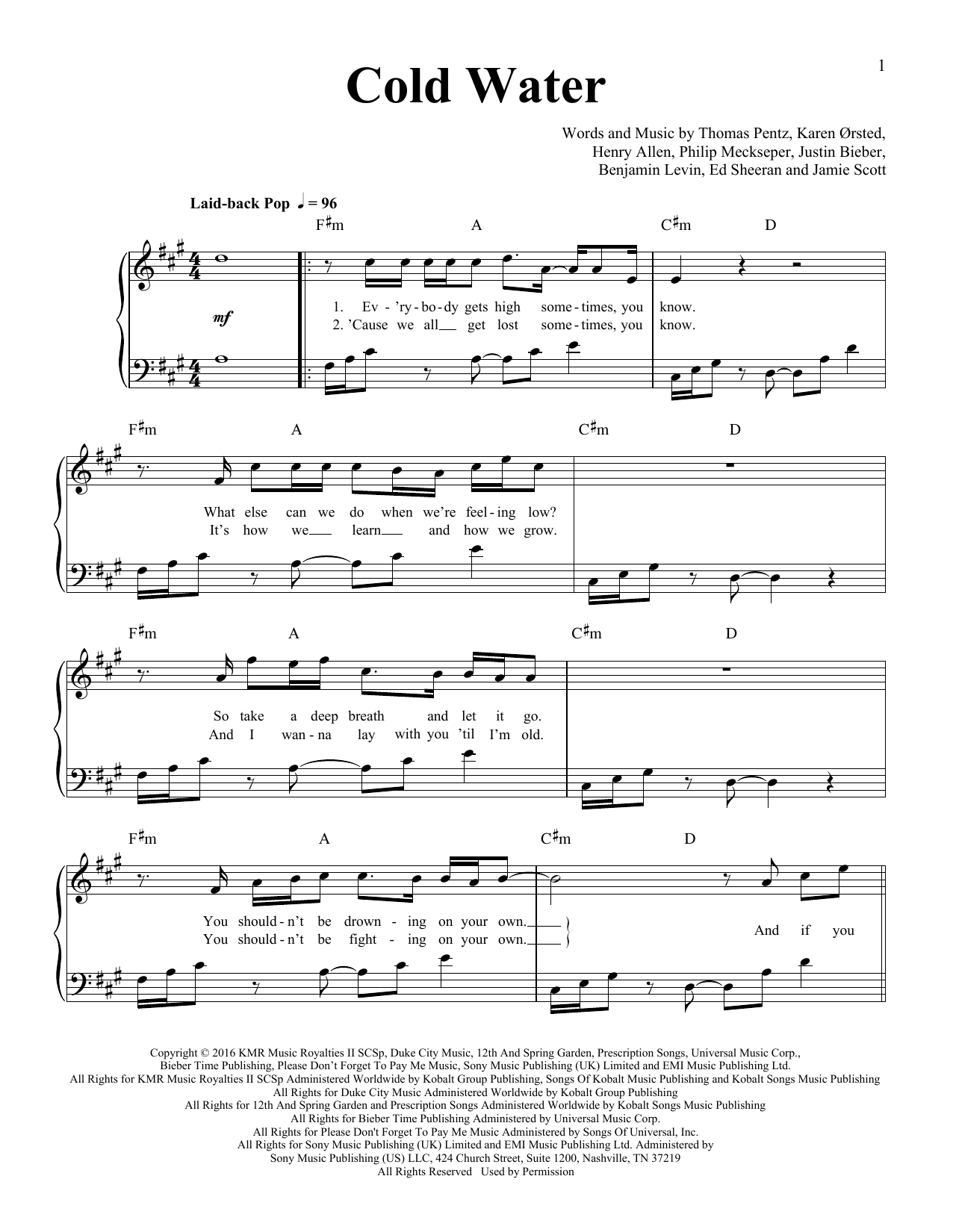 Major Lazer Cold Water (feat. Justin Bieber and MØ) Sheet Music Notes & Chords for Easy Piano - Download or Print PDF