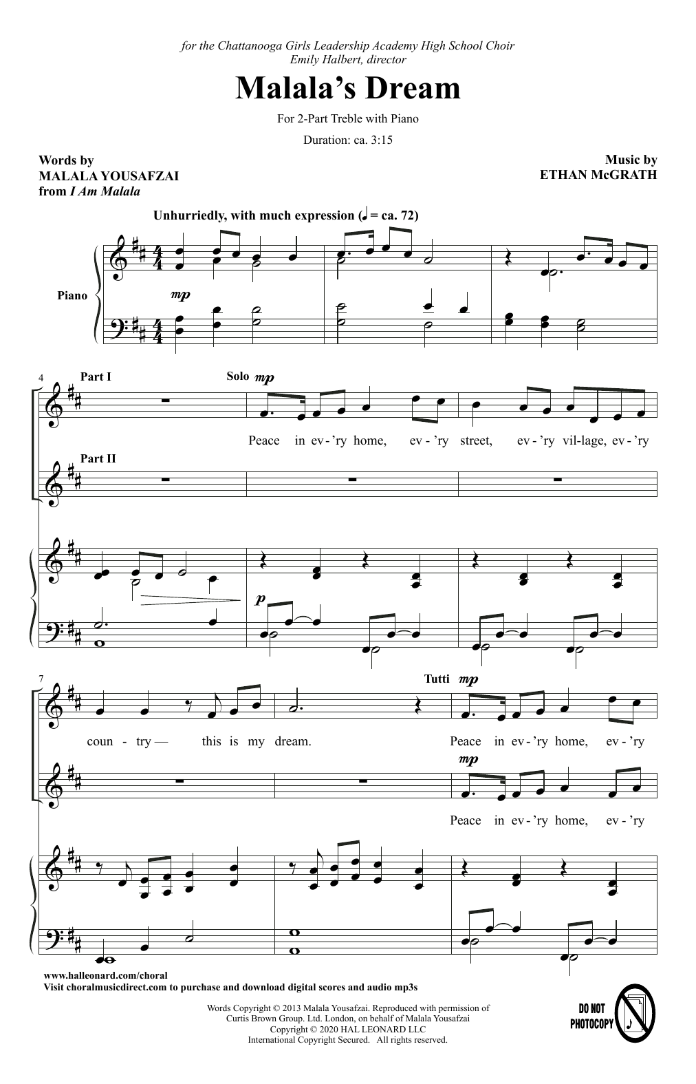 Malala Yousafzai and Ethan McGrath Malala's Dream Sheet Music Notes & Chords for 2-Part Choir - Download or Print PDF