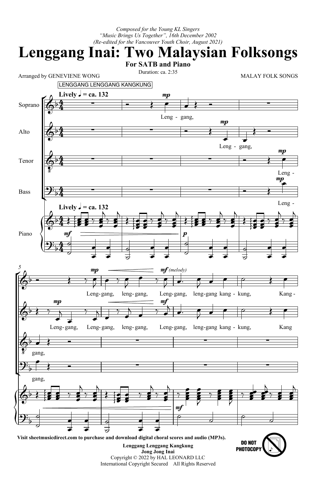 Malay Folk Song Lenggang Lenggang Kangkung (arr. Geneviene Wong) Sheet Music Notes & Chords for SATB Choir - Download or Print PDF Malay Folk Song Lenggang Lenggang Kangkung (arr. Geneviene Wong) Sheet Music Notes & Chords for SATB Choir - Download or Print PDF