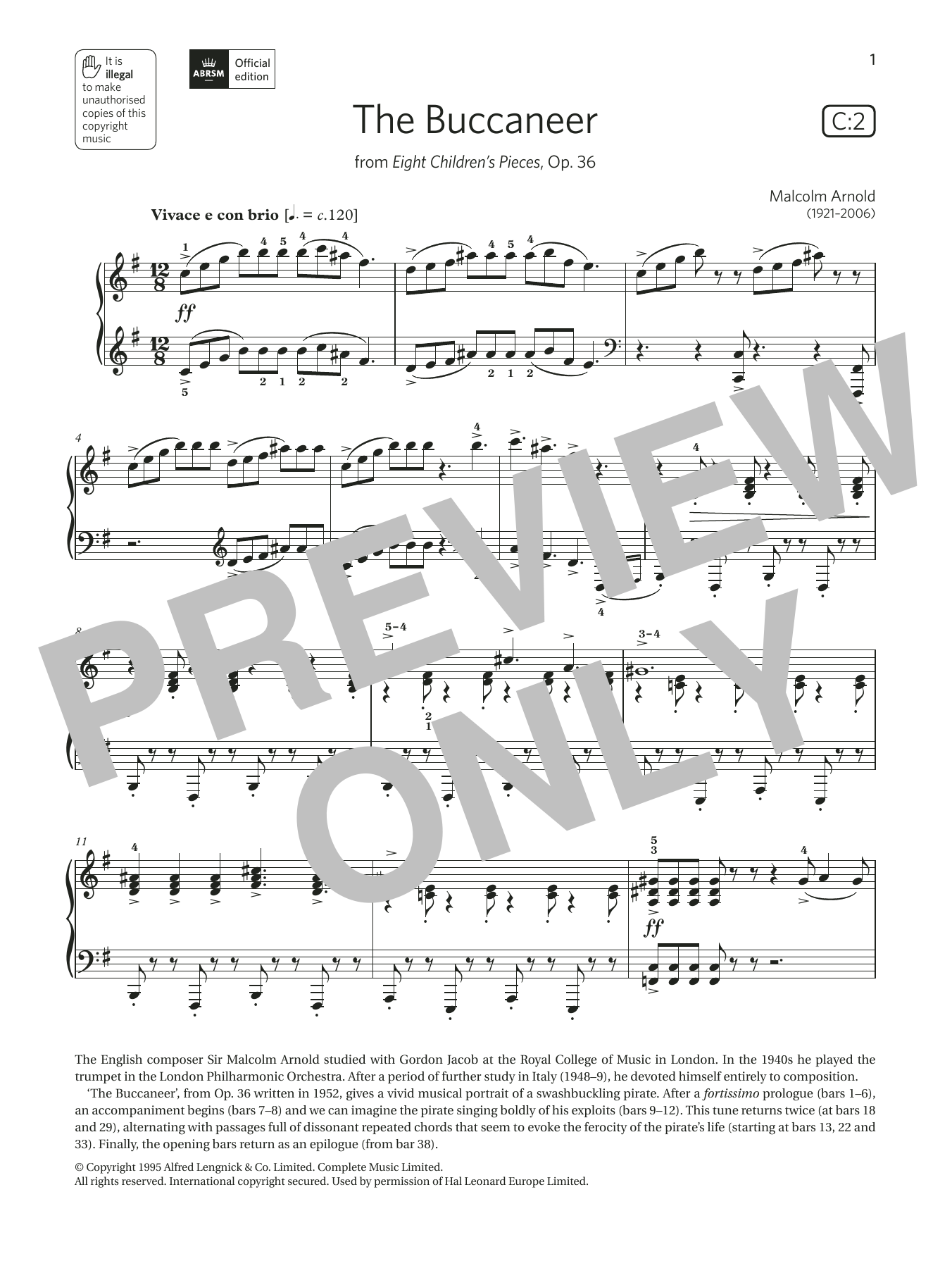 Malcolm Arnold The Buccaneer (Grade 6, list C2, from the ABRSM Piano Syllabus 2021 & 2022) Sheet Music Notes & Chords for Piano Solo - Download or Print PDF