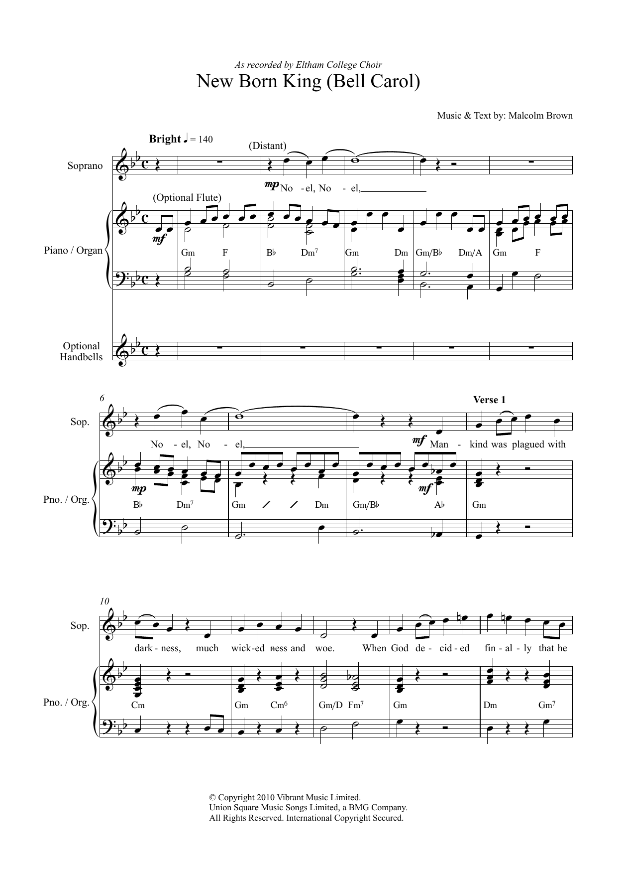 Malcolm Brown New Born King (Bell Carol) Sheet Music Notes & Chords for Unison Choral - Download or Print PDF