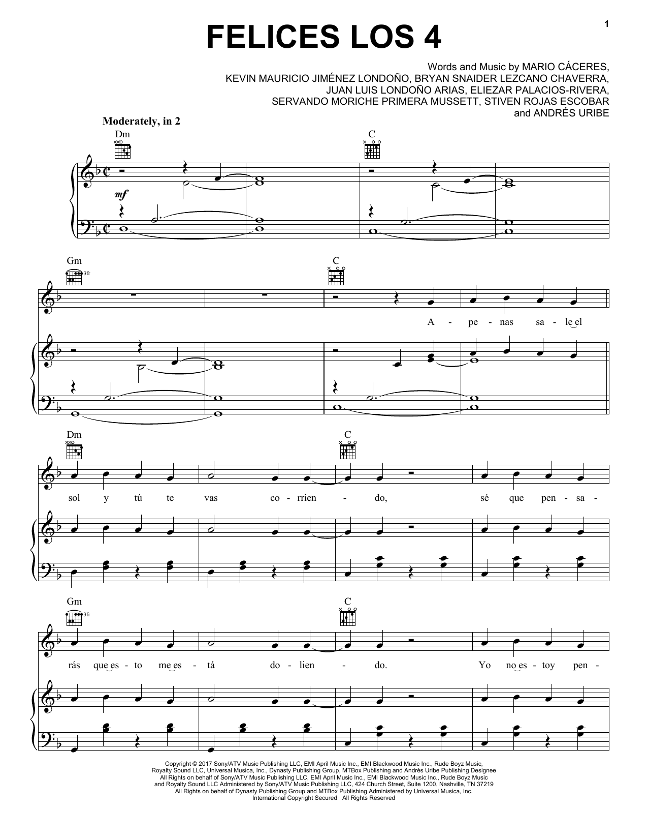 Maluma Felices Los 4 Sheet Music Notes & Chords for Piano, Vocal & Guitar (Right-Hand Melody) - Download or Print PDF