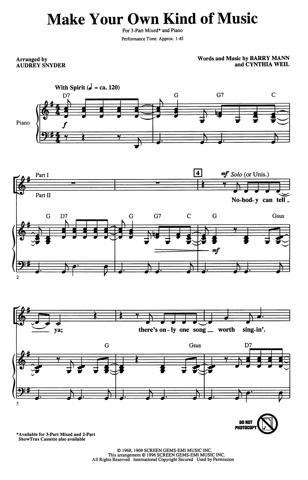 Mama Cass Elliot Make Your Own Kind Of Music (arr. Audrey Snyder) Sheet Music Notes & Chords for 3-Part Mixed Choir - Download or Print PDF