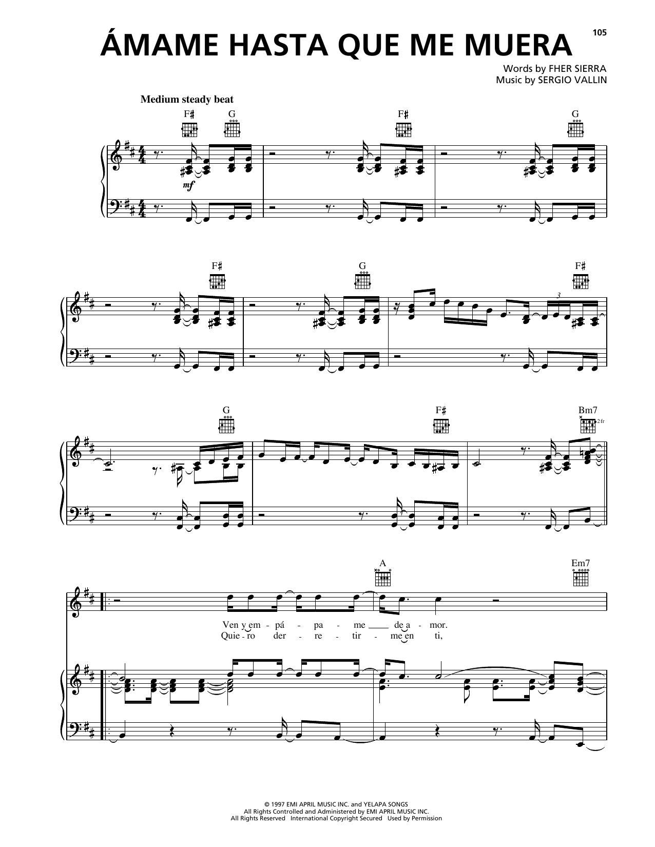 Maná Amame Hasta Que Me Muera Sheet Music Notes & Chords for Piano, Vocal & Guitar Chords (Right-Hand Melody) - Download or Print PDF