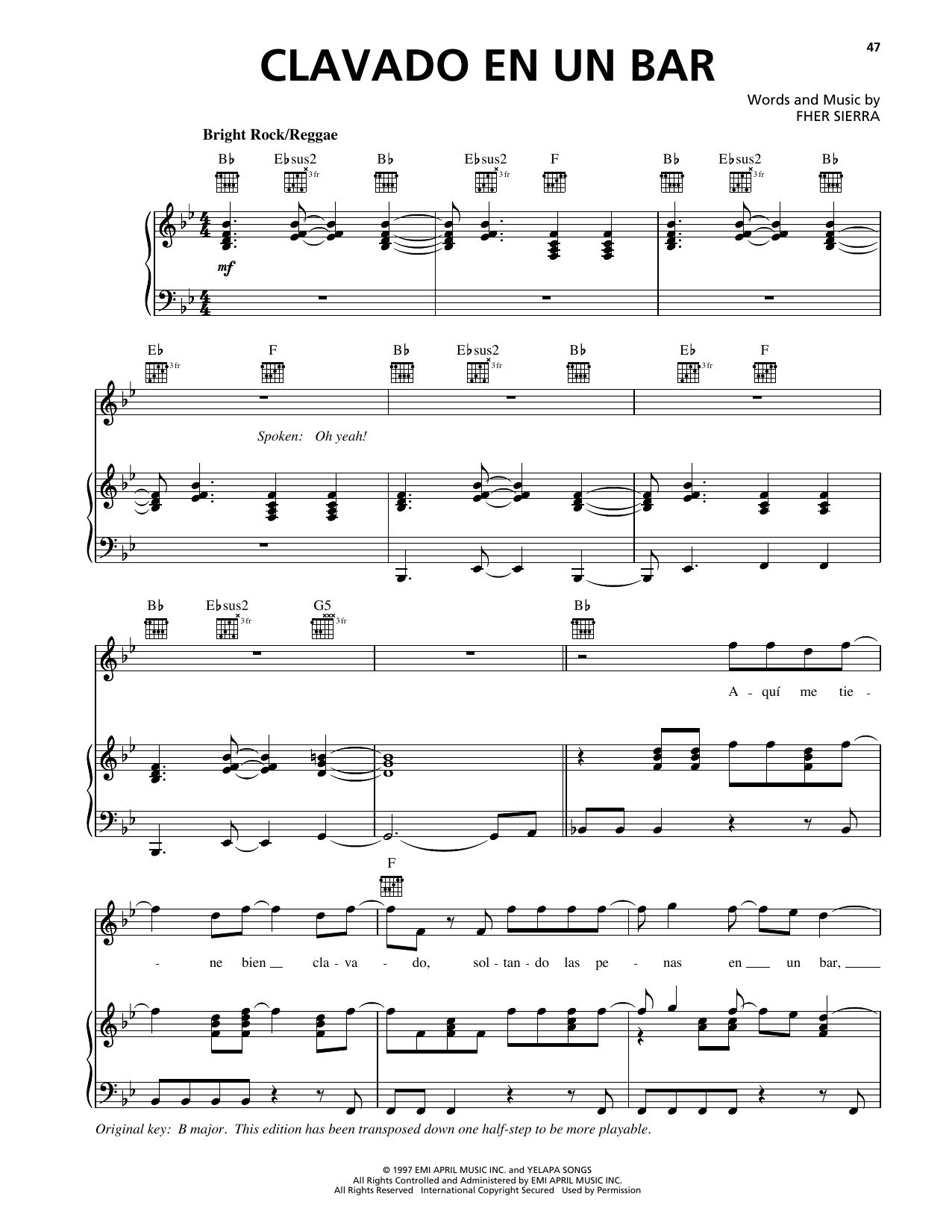 Maná Clavado En Un Bar Sheet Music Notes & Chords for Piano, Vocal & Guitar Chords (Right-Hand Melody) - Download or Print PDF