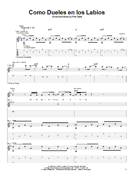 Mana Como Dueles En Los Labios Sheet Music Notes & Chords for Guitar Tab - Download or Print PDF