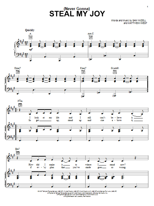 Mandisa (Never Gonna) Steal My Joy Sheet Music Notes & Chords for Piano, Vocal & Guitar (Right-Hand Melody) - Download or Print PDF