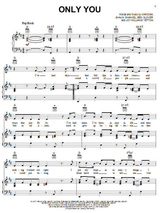 Mandisa Only You Sheet Music Notes & Chords for Piano, Vocal & Guitar (Right-Hand Melody) - Download or Print PDF Mandisa Only You Sheet Music Notes & Chords for Piano, Vocal & Guitar (Right-Hand Melody) - Download or Print PDF