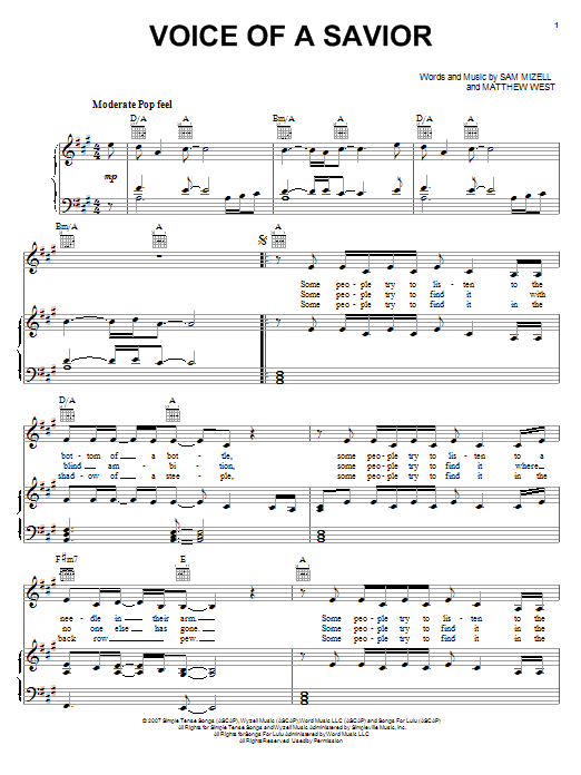 Mandisa Voice Of A Savior Sheet Music Notes & Chords for Piano, Vocal & Guitar (Right-Hand Melody) - Download or Print PDF