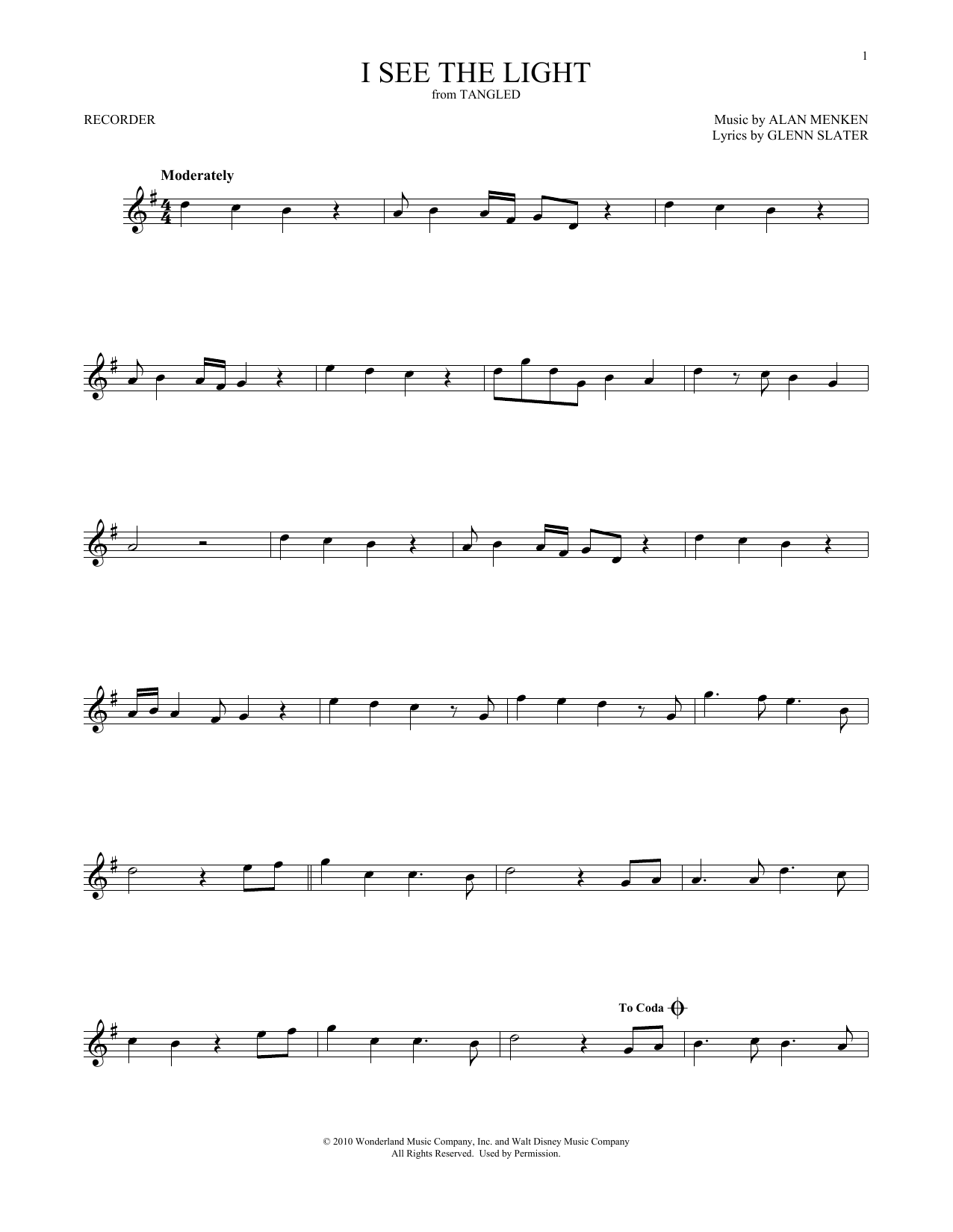 Mandy Moore I See The Light (from Tangled) Sheet Music Notes & Chords for Recorder Solo - Download or Print PDF