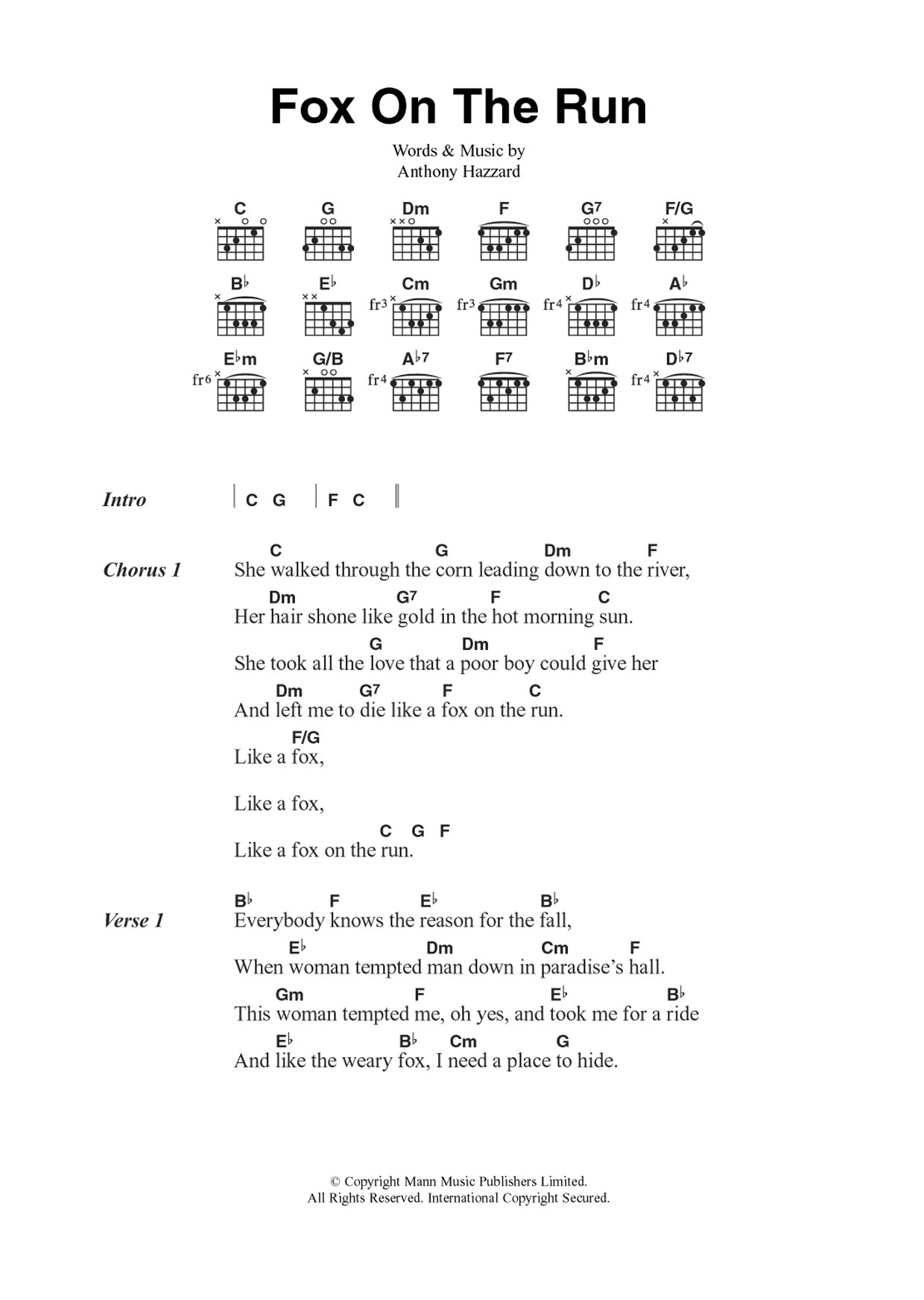 Manfred Mann Fox On The Run Sheet Music Notes & Chords for Guitar Chords/Lyrics - Download or Print PDF