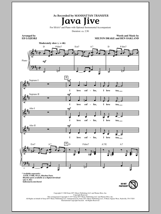 Manhattan Transfer Java Jive (arr. Ed Lojeski) Sheet Music Notes & Chords for TTBB - Download or Print PDF