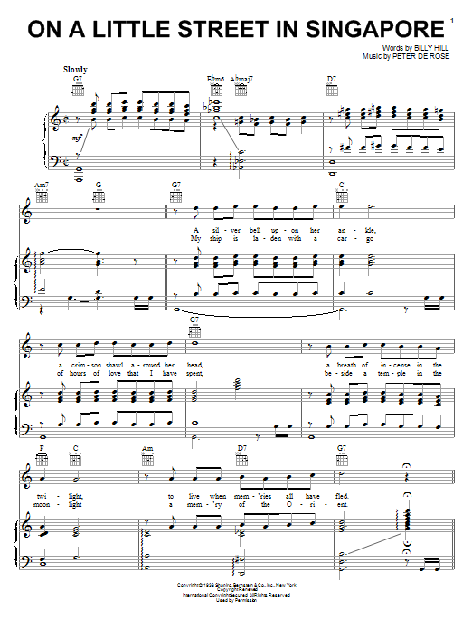 Manhattan Transfer On A Little Street In Singapore Sheet Music Notes & Chords for Piano, Vocal & Guitar (Right-Hand Melody) - Download or Print PDF