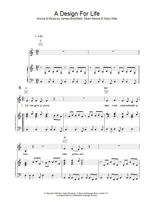 Manic Street Preachers A Design For Life Sheet Music Notes & Chords for Piano, Vocal & Guitar (Right-Hand Melody) - Download or Print PDF