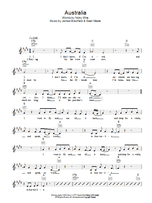 Manic Street Preachers Australia Sheet Music Notes & Chords for Melody Line, Lyrics & Chords - Download or Print PDF