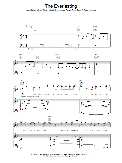 Manic Street Preachers Everlasting Sheet Music Notes & Chords for Piano, Vocal & Guitar - Download or Print PDF