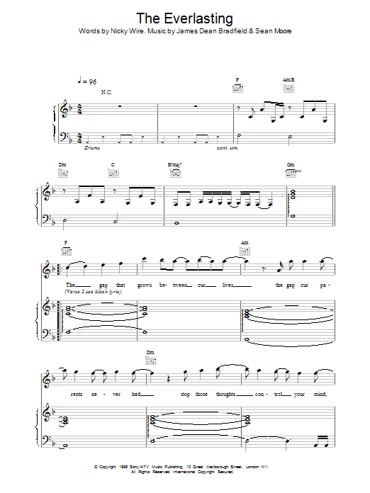Manic Street Preachers Everlasting sheet music notes and chords. Download Printable PDF.