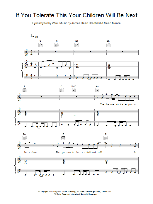 Manic Street Preachers If You Tolerate This Your Children Will Be Next Sheet Music Notes & Chords for Piano, Vocal & Guitar - Download or Print PDF