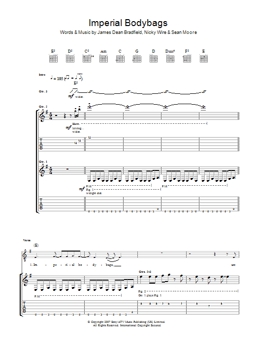 Manic Street Preachers Imperial Bodybags Sheet Music Notes & Chords for Guitar Tab - Download or Print PDF