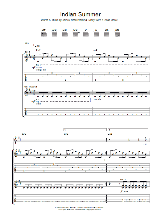 Manic Street Preachers Indian Summer Sheet Music Notes & Chords for Guitar Tab - Download or Print PDF