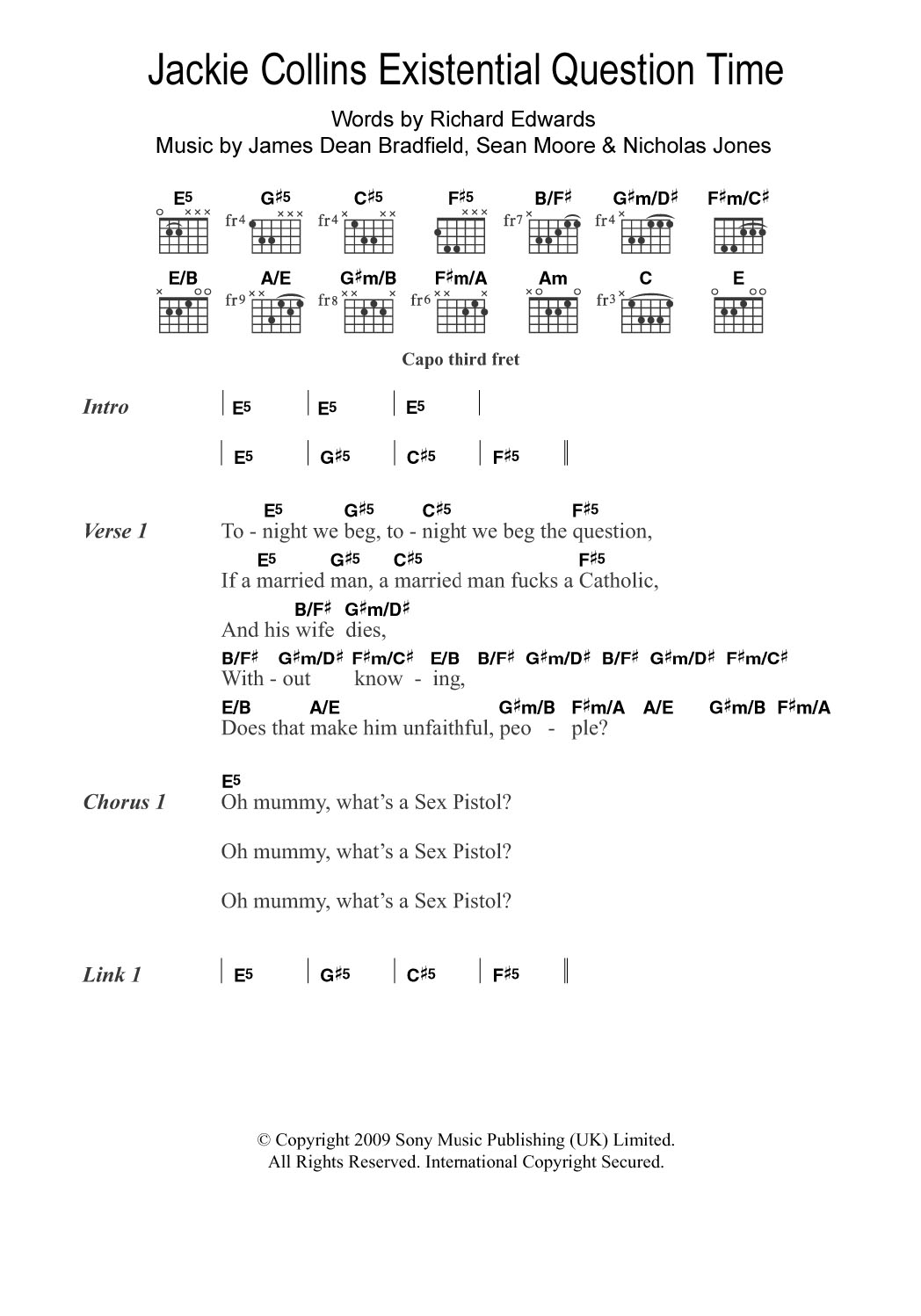 Manic Street Preachers Jackie Collins Existential Question Time Sheet Music Notes & Chords for Guitar Chords/Lyrics - Download or Print PDF