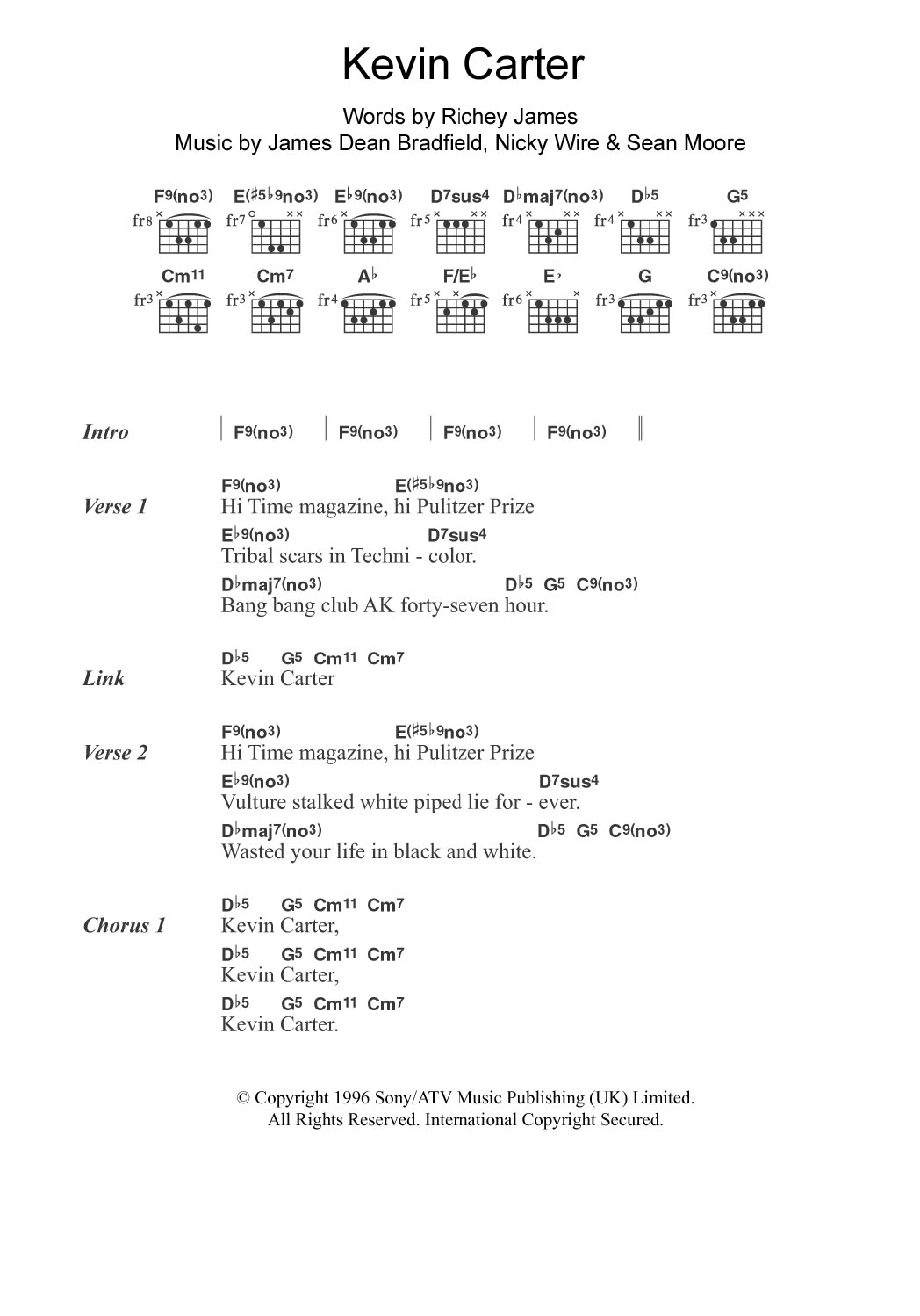 Manic Street Preachers Kevin Carter Sheet Music Notes & Chords for Guitar Chords/Lyrics - Download or Print PDF