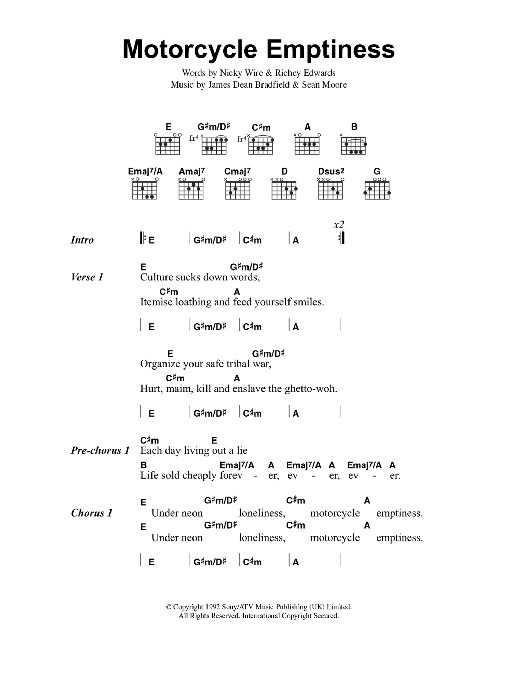 Manic Street Preachers Motorcycle Emptiness Sheet Music Notes & Chords for Lyrics & Chords - Download or Print PDF