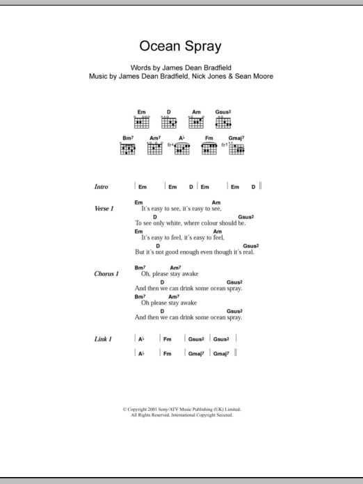 Manic Street Preachers Ocean Spray Sheet Music Notes & Chords for Lyrics & Chords - Download or Print PDF