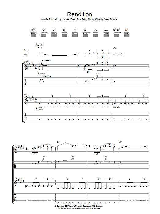 Manic Street Preachers Rendition Sheet Music Notes & Chords for Guitar Tab - Download or Print PDF
