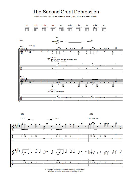 Manic Street Preachers The Second Great Depression Sheet Music Notes & Chords for Guitar Tab - Download or Print PDF